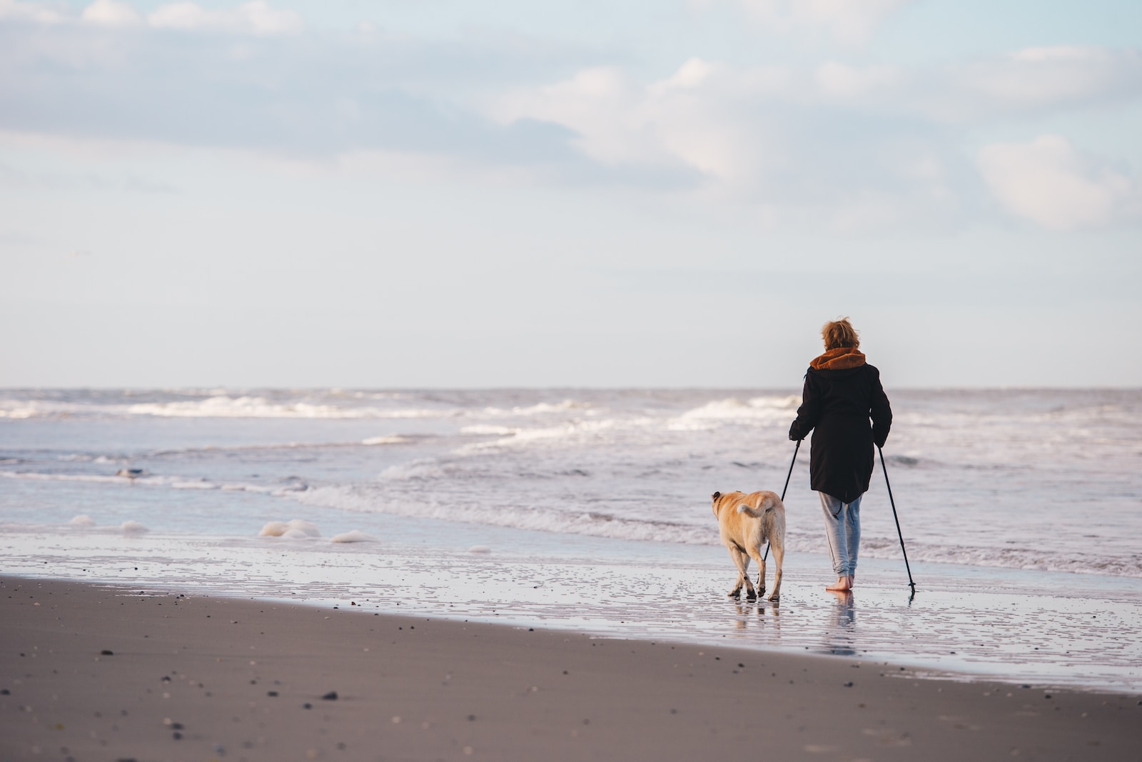 woman in black jacket walking with dog on beach during daytime